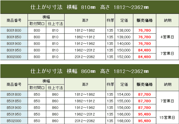 改訂版クールドア商品価格表